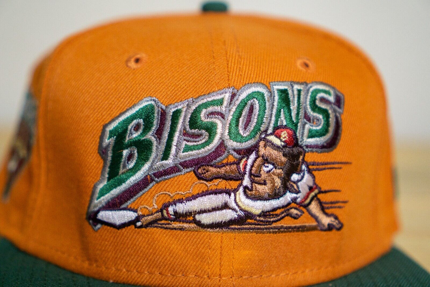 Buffalo Bisons Fitted Hat Size 7 1/2 E-Cap City Two-Tone Orange Green 59Fifty